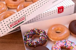 An open box of Krispy Kreme donuts 