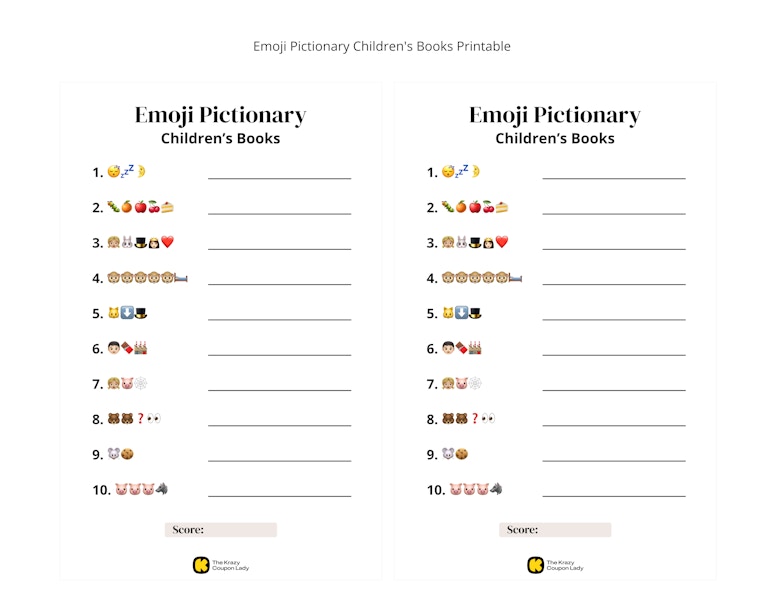 Emoji Pictionary Children's Books printable game