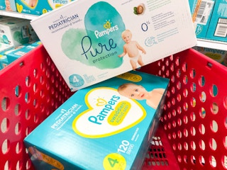 two enormous packs of Pampers in Target shopping cart