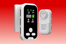 front and back of carbon monoxide detector on red gradient KCL template