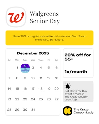 calendar graphic of walgreens senior day predicted for dec 2 2025