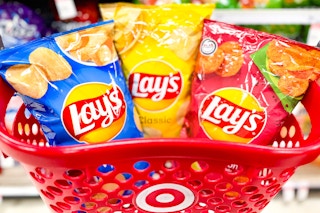 Three bags of Lay's chips in Target shopping basket