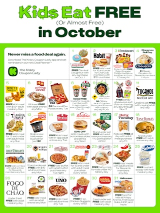 a calendar graphic showing where kids can eat free and cheap in october
