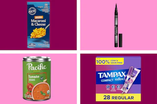 collage with nice macaroni & cheese, loreal eyeliner, tampax tampons, and pacific tomato bisque
