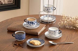 vancasso 2.5OZ Espresso Cups Set of 4, Porcelain Stackable Cappuccino Cups, Demitasse Coffee Cups and Saucers Set with Metal Stand