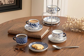 vancasso 2.5OZ Espresso Cups Set of 4, Porcelain Stackable Cappuccino Cups, Demitasse Coffee Cups and Saucers Set with Metal Stand