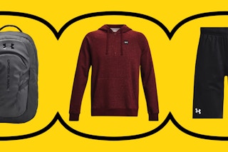 collage of under armour backpack, shorts and sweatshirt