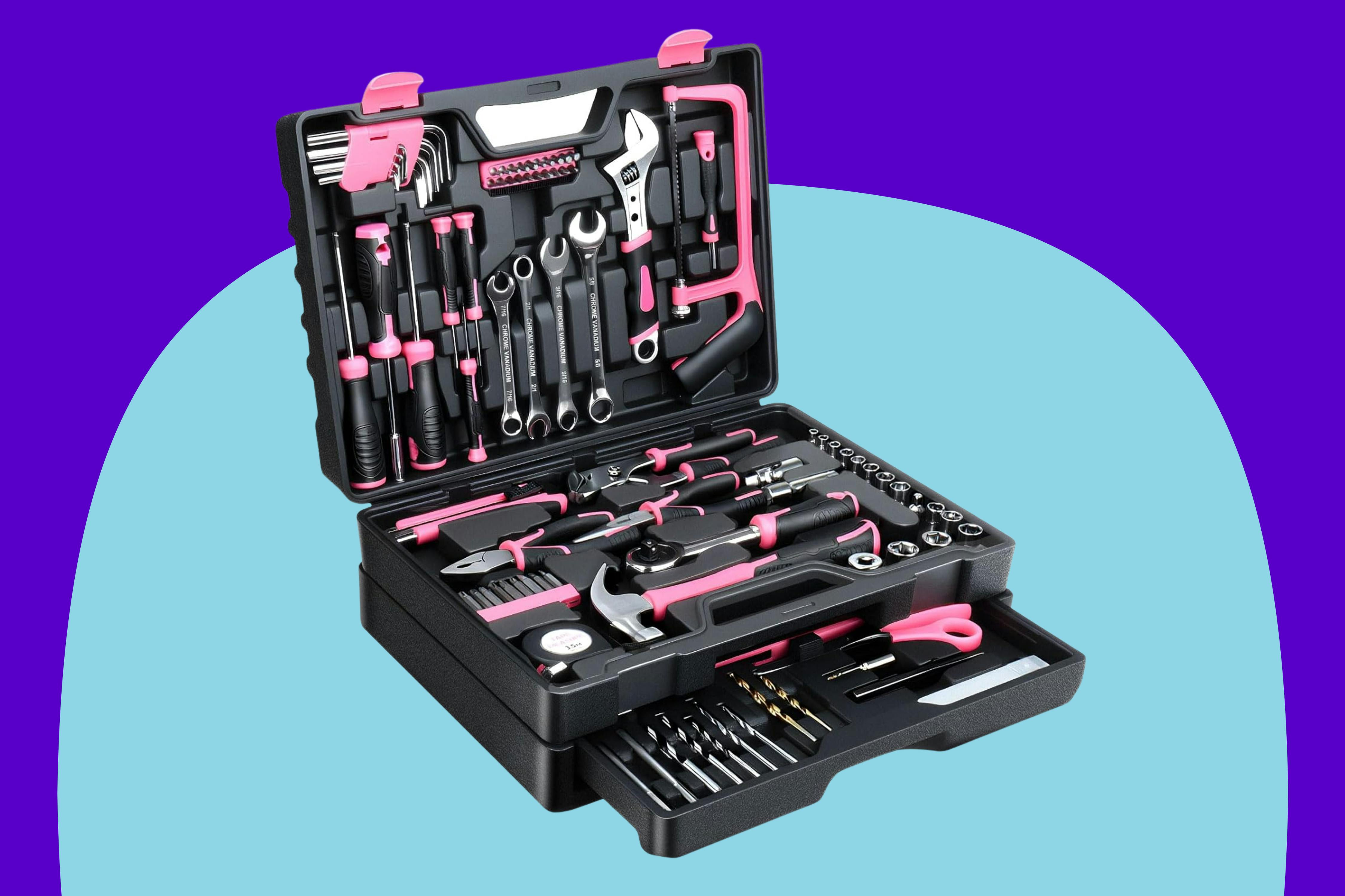 TVERIM Tool Set- 412 Piece Home Repair Kit on a blue background.