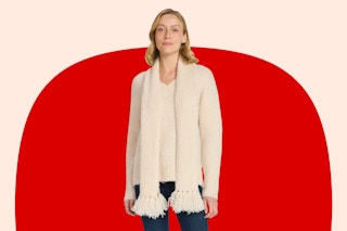 Model wearing the 99 Jane Street Women's Sweater set (complete with a scarf) in beige