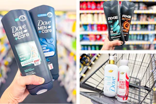 collage image of dove men+care, axe, and dove body washes