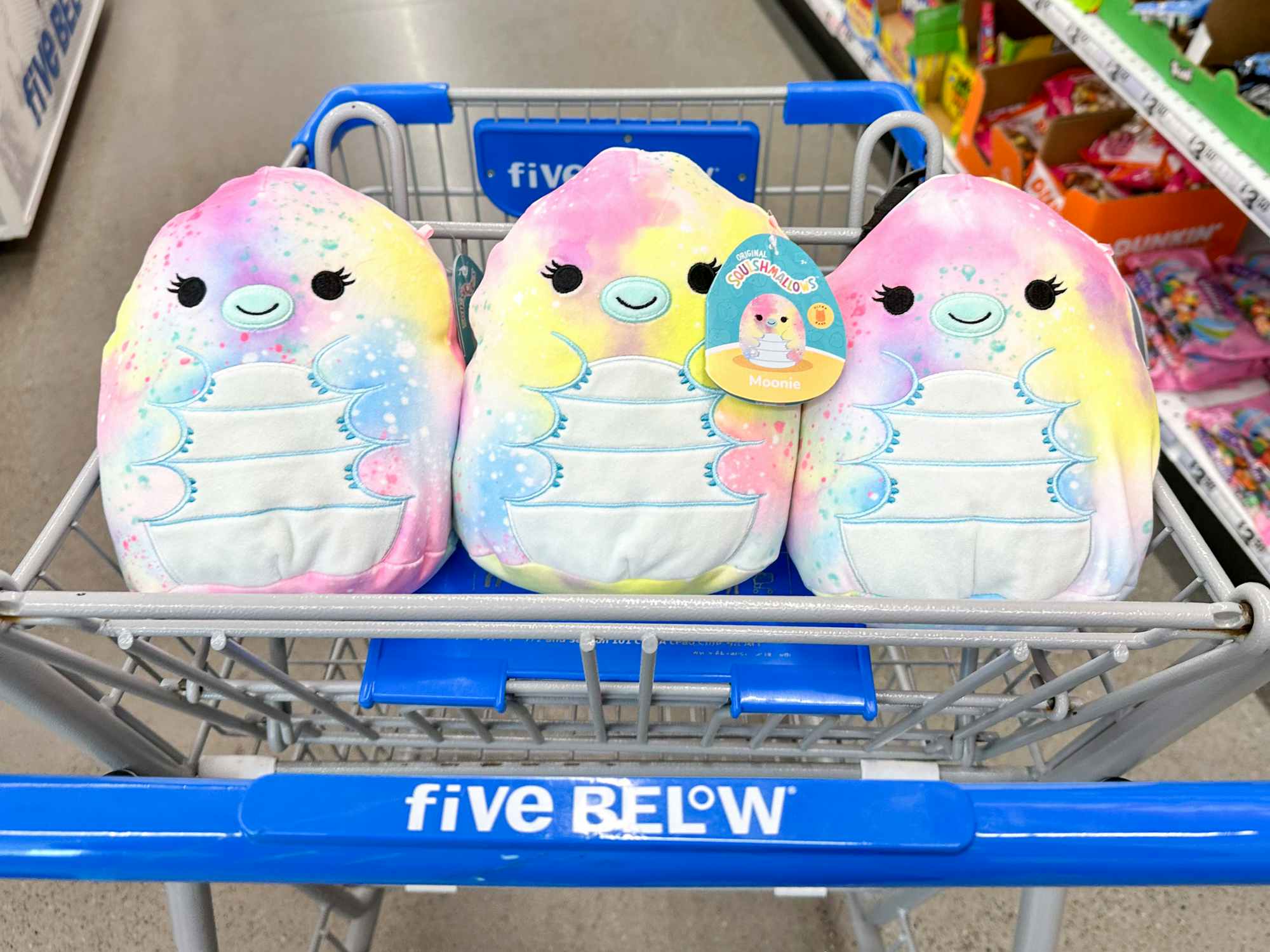 Three Moonie Ultra Rare Squishmallows in a Five Below cart