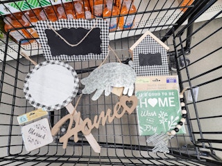 farmhouse style craft supplies in a cart
