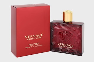 a red bottle of cologne