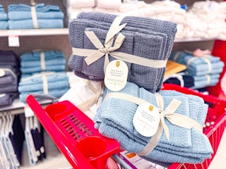 threshold bath towel sets sitting in a target cart