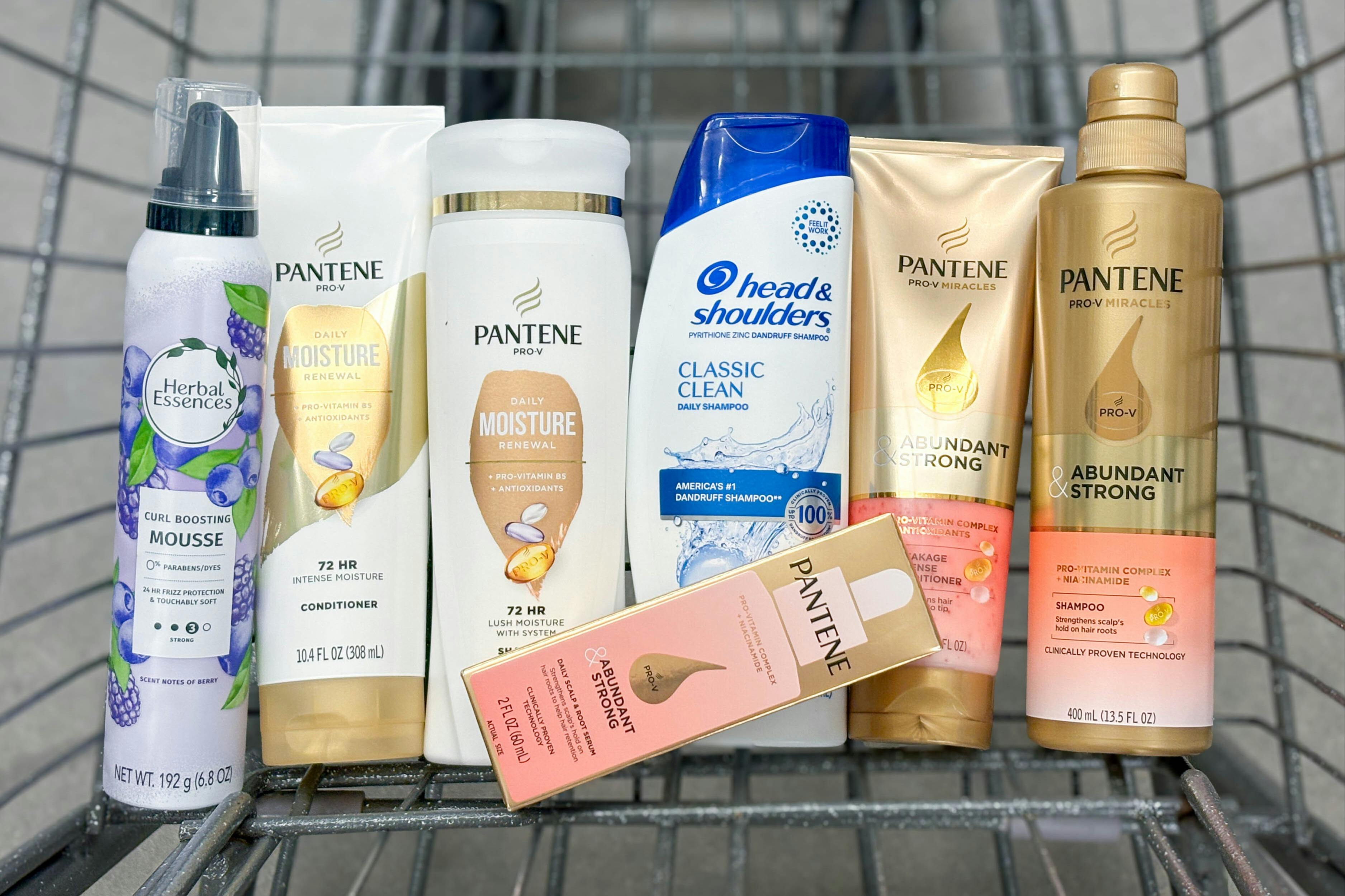 hair care in a walgreens shopping cart