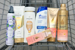 hair care in a walgreens shopping cart