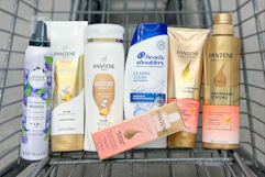 hair care in a walgreens shopping cart