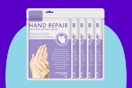 Generic Hand Mask Moisturizing Glove 5 pack on a blue background.