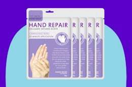 Generic Hand Mask Moisturizing Glove 5 pack on a blue background.