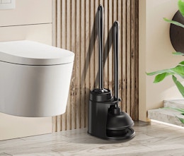 a toilet brush and plunger set next to a toilet 