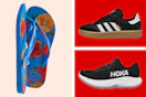 3 pairs of shoes: Adidas, Hoka and flip flops