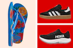 3 pairs of shoes: Adidas, Hoka and flip flops