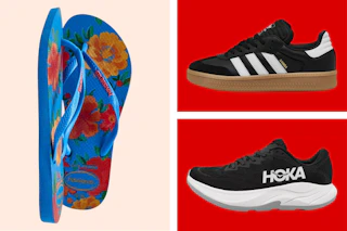 3 pairs of shoes: Adidas, Hoka and flip flops
