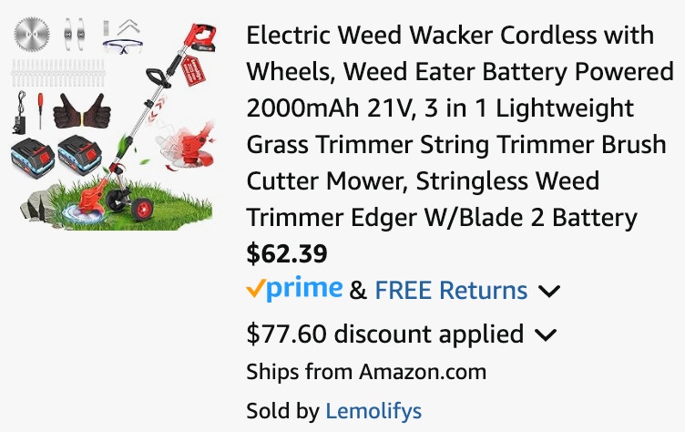 a cordless weed whacker ending in $62.39