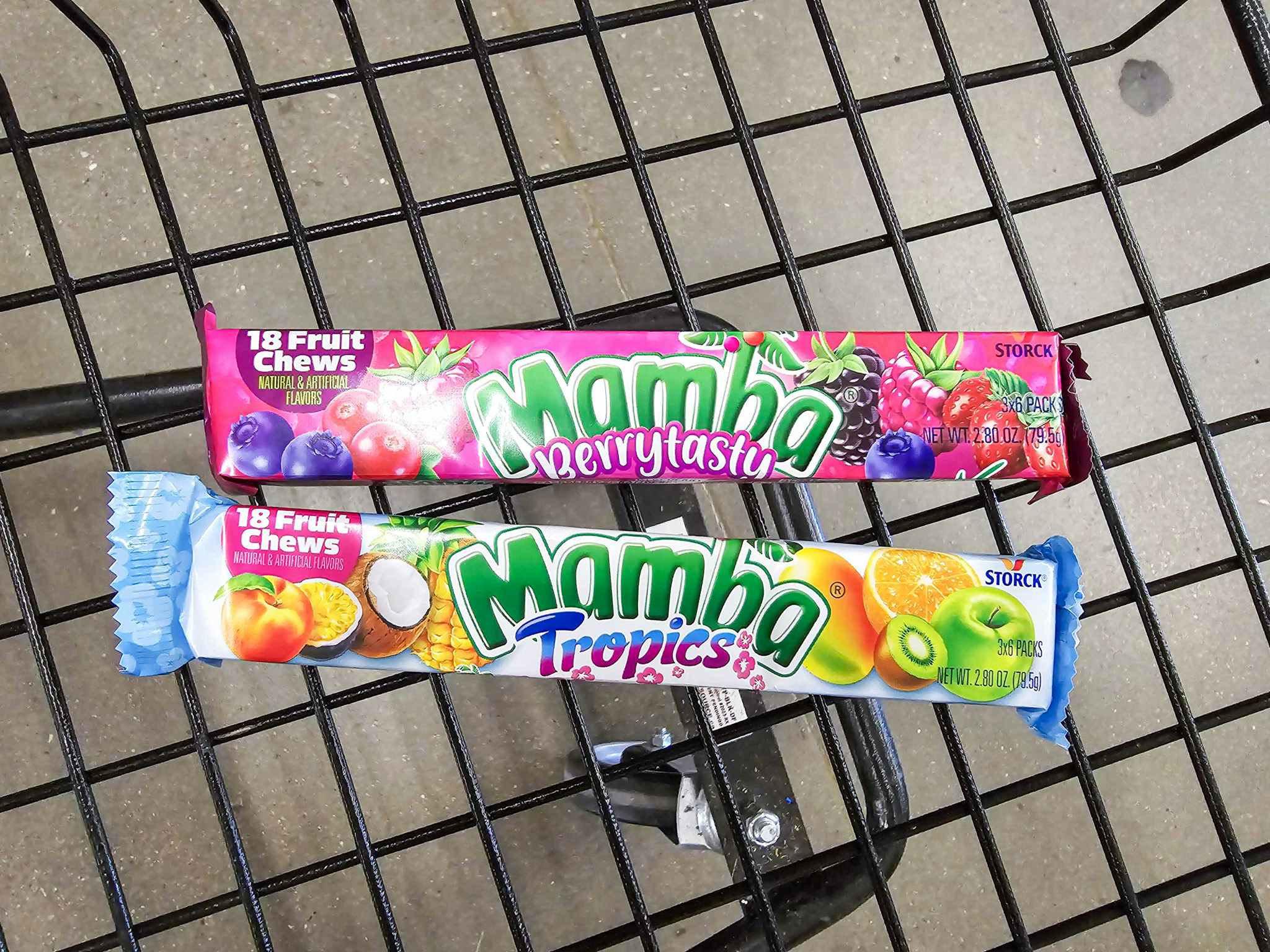 2 mamba fruit chews in a cart