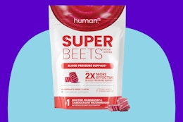 Humann SuperBeets Heart Chews on a blue background.