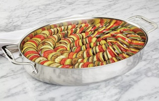 food in an oval all-clad baking dish