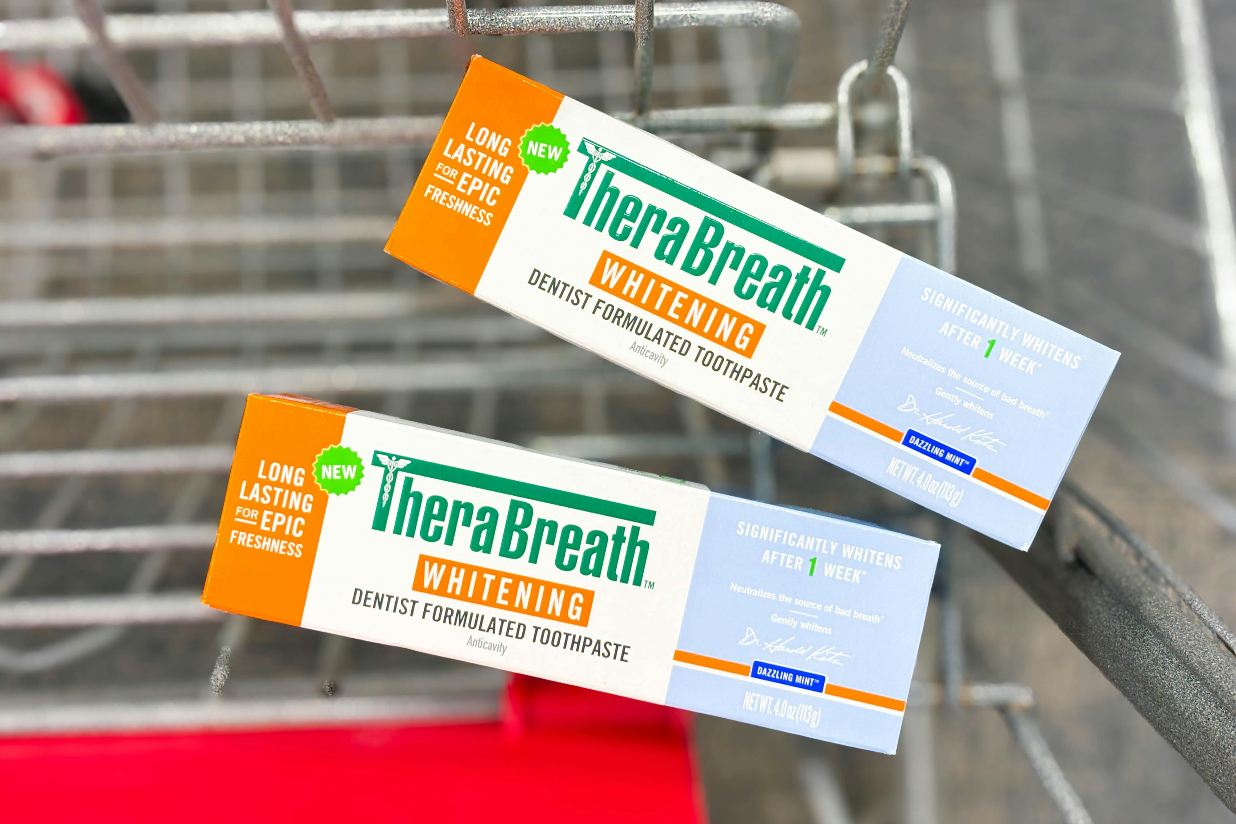 2 therabreath toothpastes in a cart