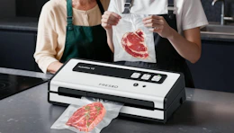 two people sealing steaks in vacuum-sealed bags