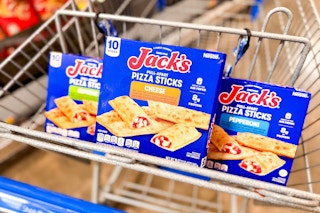 three boxes of jacks pizza sticks in walmart cart