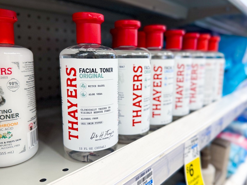 shelf full of thayers witch hazel toner bottles