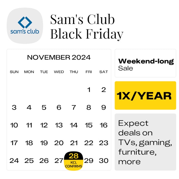 Calendar showing the confirmed start date for Sam's Club Black Friday 2024 as Thursday, Nov. 28.