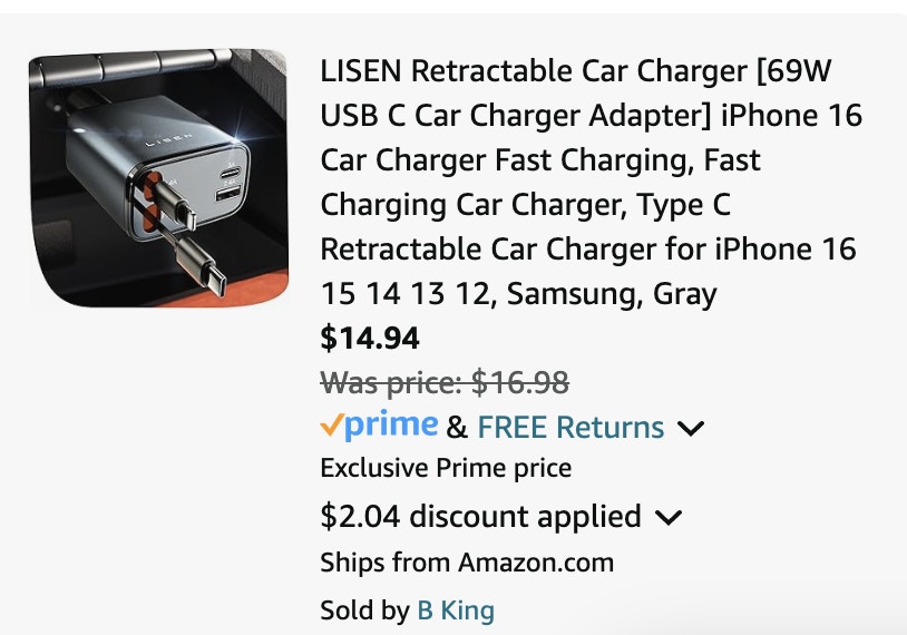 retractable car charger Amazon receipt