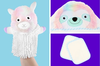 2 different Baby Aspen Bath Sets: Llama & Sloth showcasing a mitt, hooded towel and washcloths