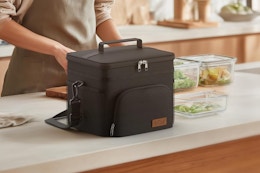 black lunch box on kitchen counter