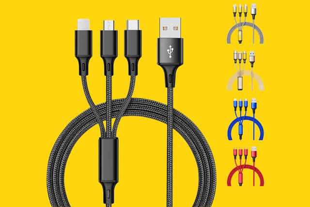 3-in-1 Nylon Braided 4-Foot Charging Cable, $6.99 Shipped at Until Gone card image