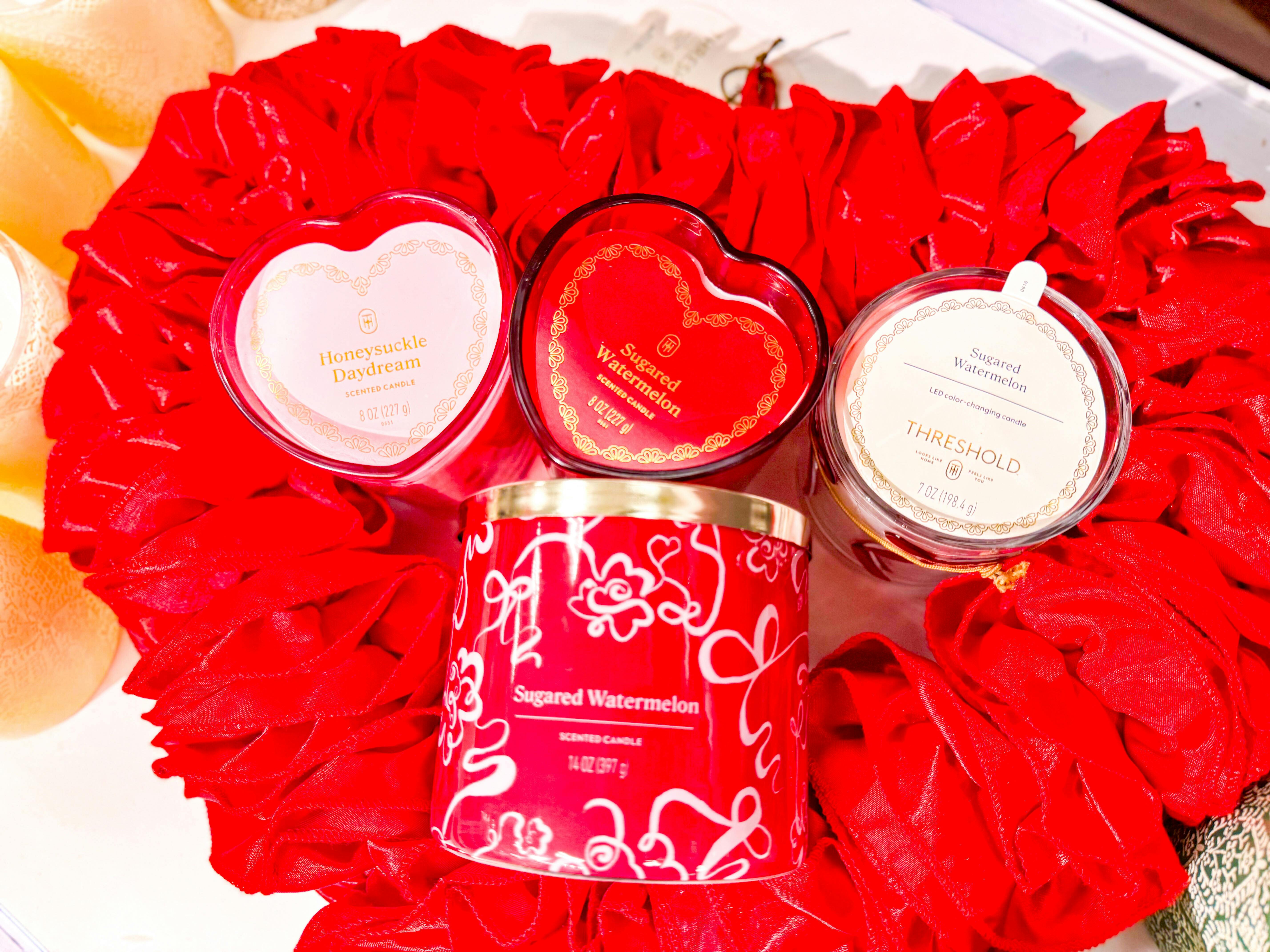4 threshold valentine's day candles together in a heart wreath