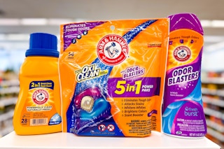 three arm & hammer laundry products on store counter