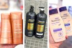 collage image of sheamoisture deodorant, tresemme shampoo, and aveeno body wash