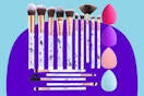 Makeup Brushes DUAIU 15PCs Marble Makeup Brush Set on a blue background.