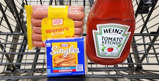 heinz tomato ketchup, oscar mayer weiners, and kraft singles in shopping cart