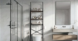 an over-the-toilet rack in a bathroom