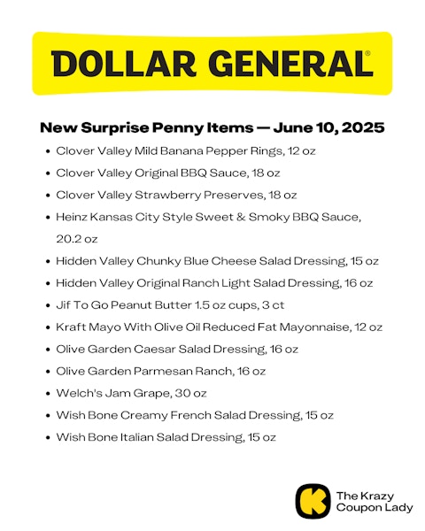 Graphic with Dollar General Surprise Penny List for June 10 2025