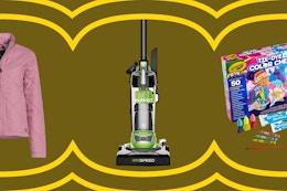 women's pink jacket, green and black eureka vacuum, Crayola chemistry set for kids