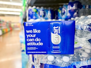 smartwater cans on bottled water on shelf at walmart