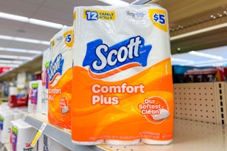 scott comfort plus toilet paper on a shelf